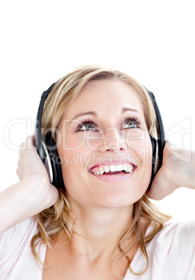 Laughing woman with headphones