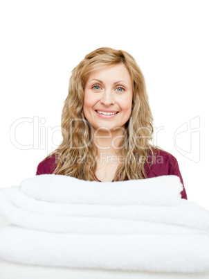 Portrait of a woman against white background