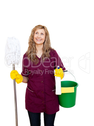 Smiling with cleaning utensils