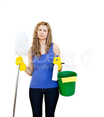 Angry woman against white background