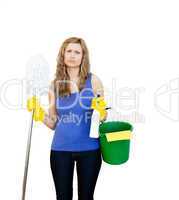 Angry woman against white background