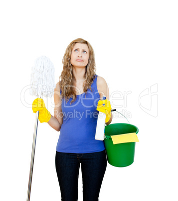 Thinking woman with cleaning utensils