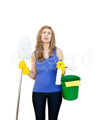 Unhappy woman against wihite background