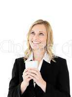Smiling businesswoman holding a drinking cup