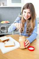 Positive woman woman having breakfast