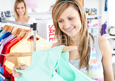 Happy woman selecting item