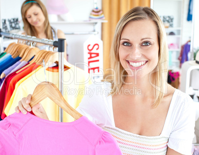 Radiant woman selecting item