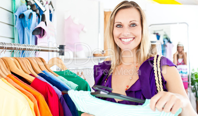Caucasian woman selecting item