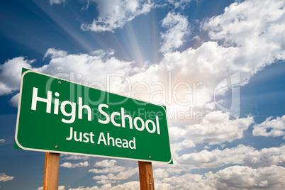 High School Green Road Sign Over Clouds