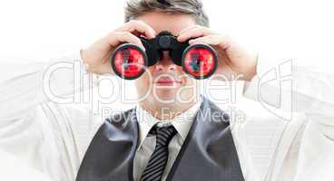 Smiling businessman using binoculars