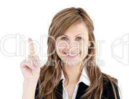 Cheerful businesswoman pointing upward isolated