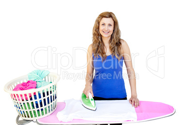 Bright woman ironing