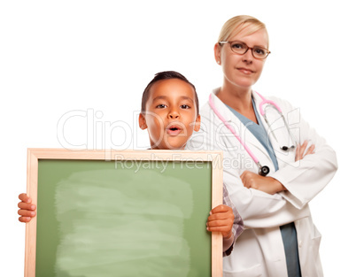 Female Doctor with Hispanic Child Holding Chalk Board