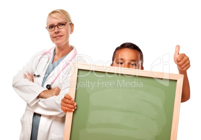 Female Doctor with Hispanic Child Holding Chalk Board