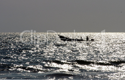 Boat on sea during sunset, Puerto Escondido