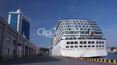 A luxury cruise ship docked in the port (Full HD)