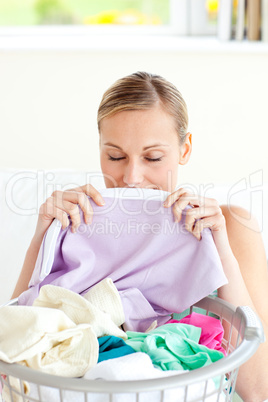 Smiling woman doing housework