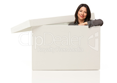 Multiethnic Woman Standing Inside Blank White Box