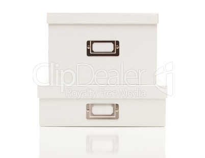 Stacked Blank White File Boxes with Lids on White