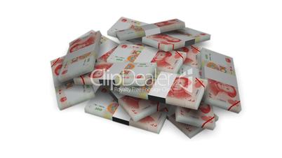 Yuan money bundles rotating on white background - Finance - Wealth