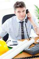 Attractive businessman in front of his desk