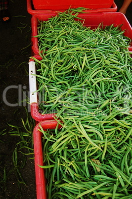 green beans in red bins