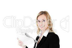 Businesswoman reading newspaper