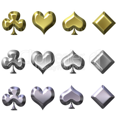 Playing card suits in gold silver and chrome