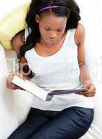 Concentrated young woman reading a book sitting on a sofa