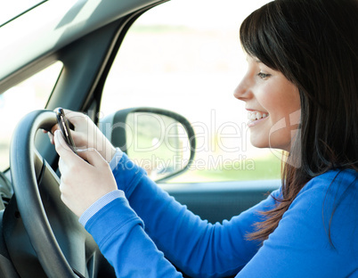 Brunette young woman writing a message sitting in her car