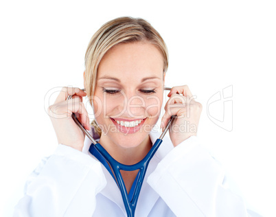 Caucasian female doctor holding a stethoscope