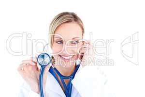 Radiant young female doctor holding a stethoscope