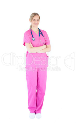 Self-assured female nurse with stethoscope smiling at the camera