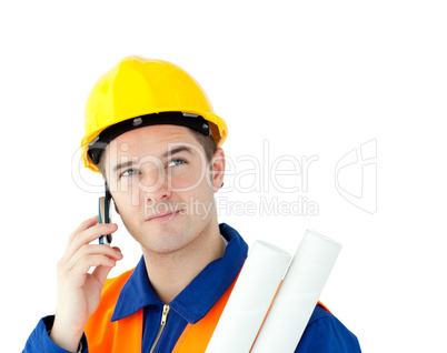 Ambitious worker talking on phone holding plan
