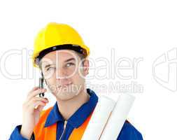 Ambitious worker talking on phone holding plan