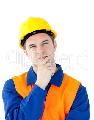 Pensive male worker wearing helmet