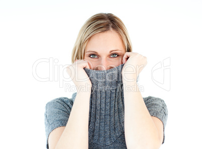 Cute young woman wearing a polo-neck sweater