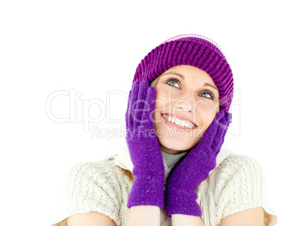 Captivating woman wearing cap and gloves