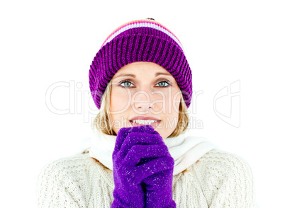 Freezed woman wearing cap and gloves