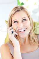 Animated caucasian woman talking on phone