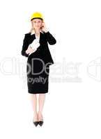 Assertive female architecture talking on phone wearing a hat