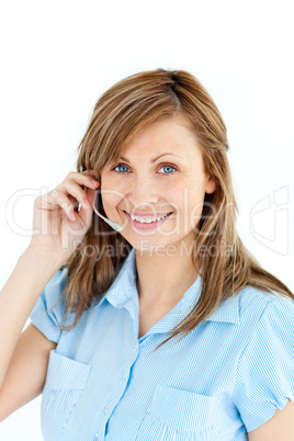 Self-assured businesswoman with headphones