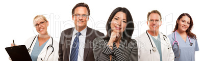 Hispanic Woman with Businessman and Male Doctors or Nurses