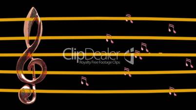 Clef on stave with music notes flying from right to left