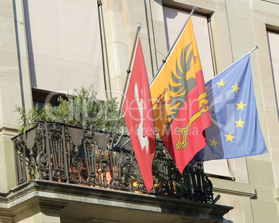 Swiss, Geneva and Europe flags
