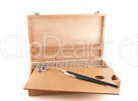 Wooden painter case with brushes