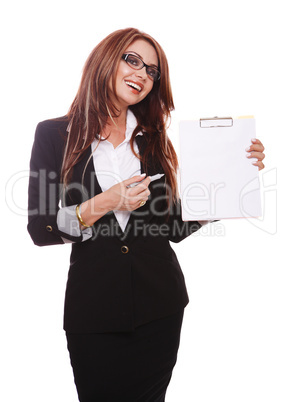 Businesswoman demonstrating with clipboard