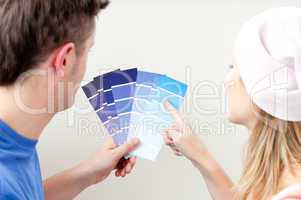 Concentrated young couple choosing color for a room