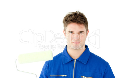 Good-looking male worker smiling at the camera