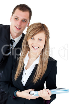 Cute business woman holding documents